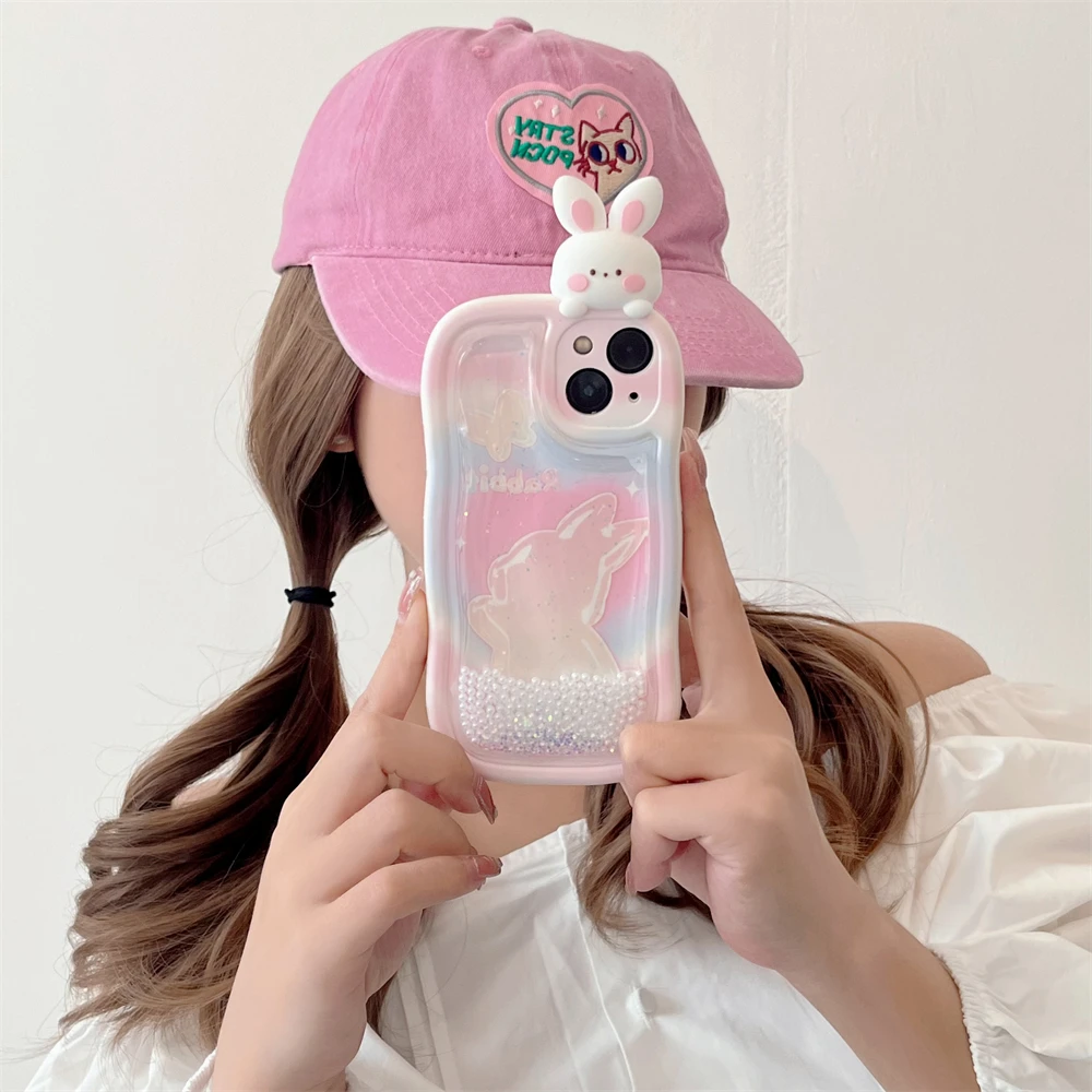 Korean cartoon 3D cute rabbit pearl quicksand glitter silicone phone case for iPhone 11 12 13 14 15 Pro Max  Funshockproof cover