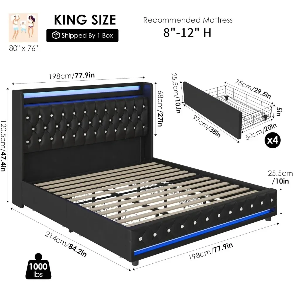 King LED Bed Frame with Charging Station and 4 Storage Drawers, with Handcrafted Crystal Button Wingback Headboard