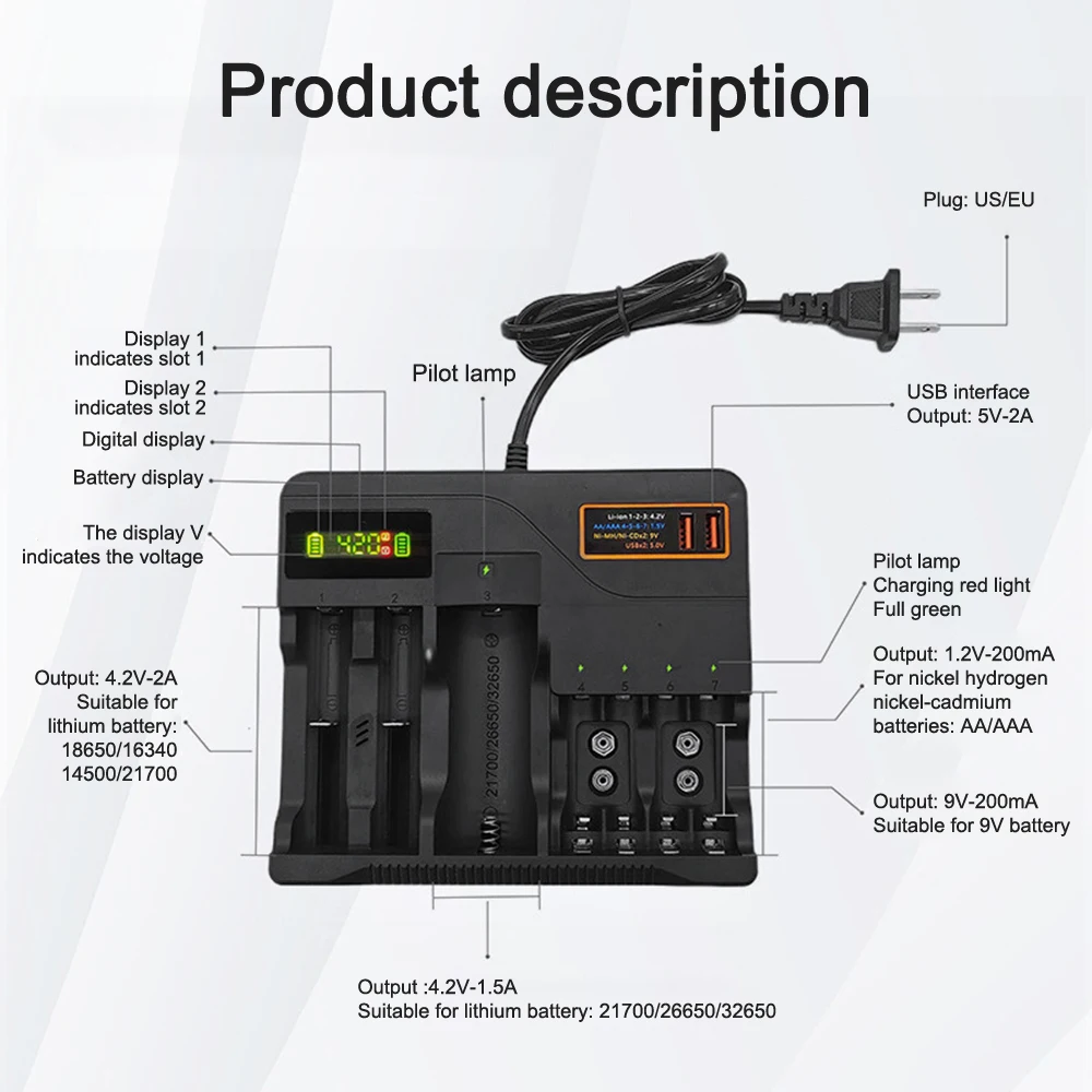 Battery Charger for 3.7V 18650 26650 21700 32650 14500 16340 Lithium Rechargeable Battery Charger AA AAA 9V Battery Charger