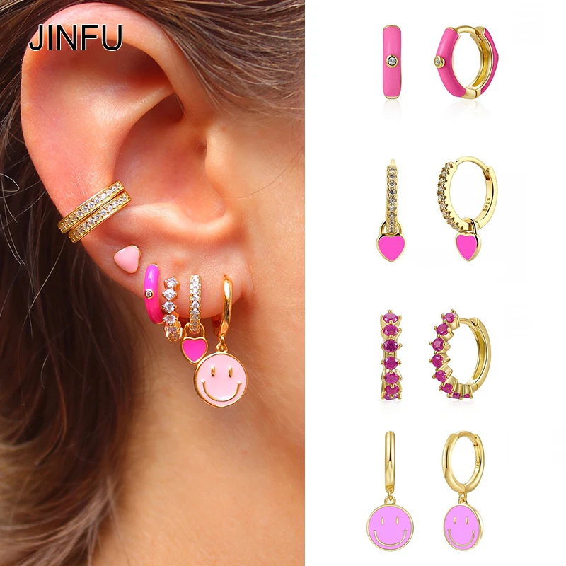 

JINFU Copper Gold Plated Drop Hoop Earrings For Women Color Dripping Oil Heart Smile Dangle Earrings 2022 Jewelry Wholesale