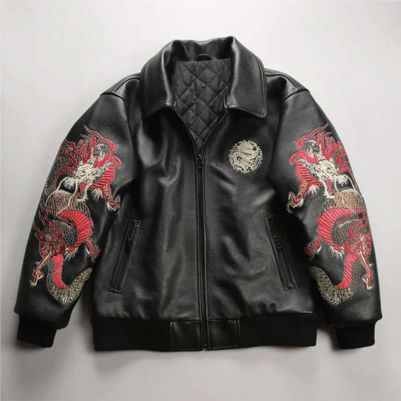 Men's leather with a ten-thousand-needle embroidered dragon collar fat and large-sized yellow cowhide baseball