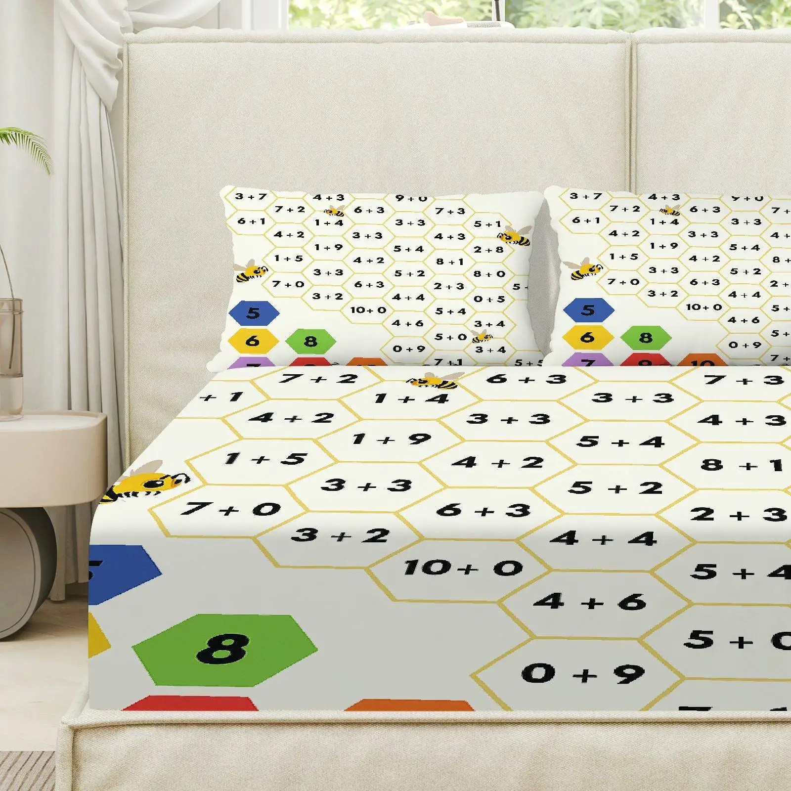 Customize 3pcs Bee Math Puzzle Fitted sheet Three Piece Set (1*Fitted Sheet+2*Pillowcases, Coreless), Nature theme, Hexagon Educ