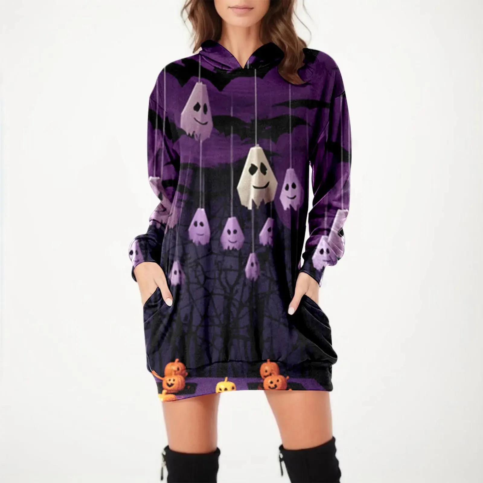 

New 3D Women's Halloween Printed Loose Long Sleeve Pocket Hoodie Dress Daily Exercise Hoodie Pullover Autumn/Winter