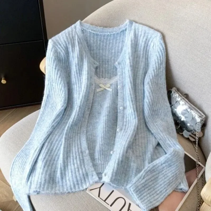 

Простой и нежный вязаный кардиган с длинными рукавами для женщин, осень 202, новый облегающий жилет с внутренним ремешком, топ