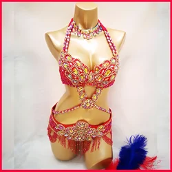 Traje de danza del vientre, sujetador, cinturón y collar, conjunto de 3 piezas, ropa para espectáculo en escenario, traje de danza del vientre de cristal Sexy para mujer, ropa de danza del vientre