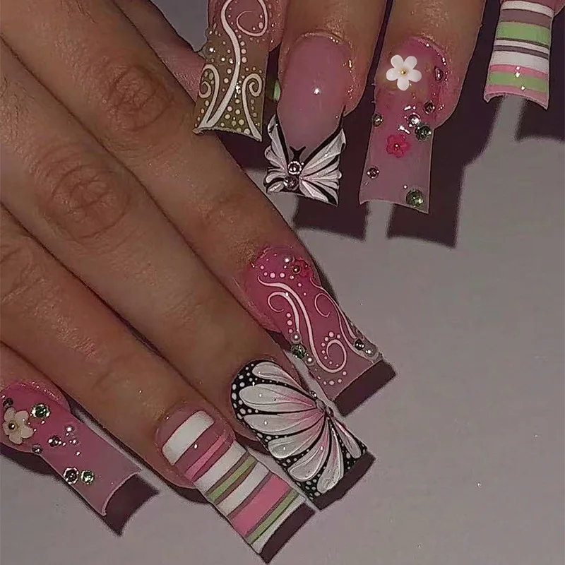 24pcs Long Squared Fake Nails Dopamine Colorful Stripes French Style False Nails Relief Flower Butterfly Designs Press On Nail