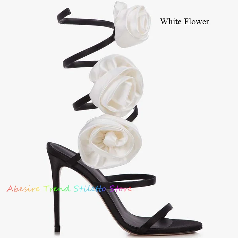 2024 Women's New Stain Flower Sandals Sexy Round Toe Thin High Heel Ankle Wraparound Evening Shoes Ladies Party Wedding Shoes