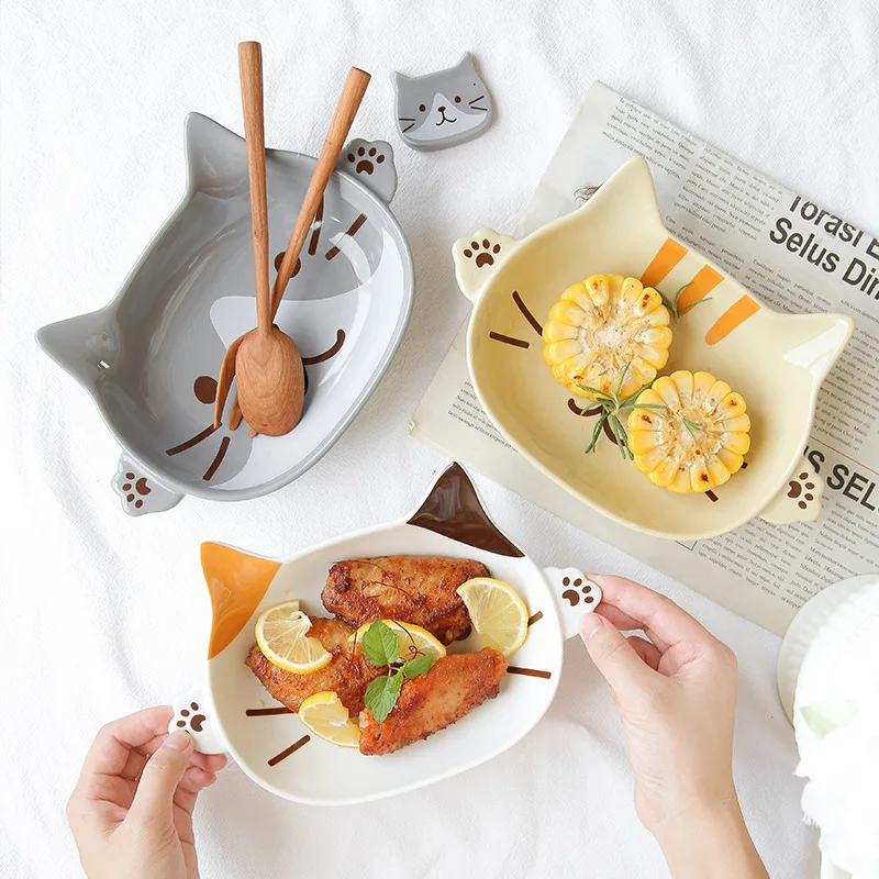 Japanese Cartoon Cat Plate Cute Children Binaural Dinner Platter Breakfast Fruit Salad Ceramic Dish Dessert Snack Tray