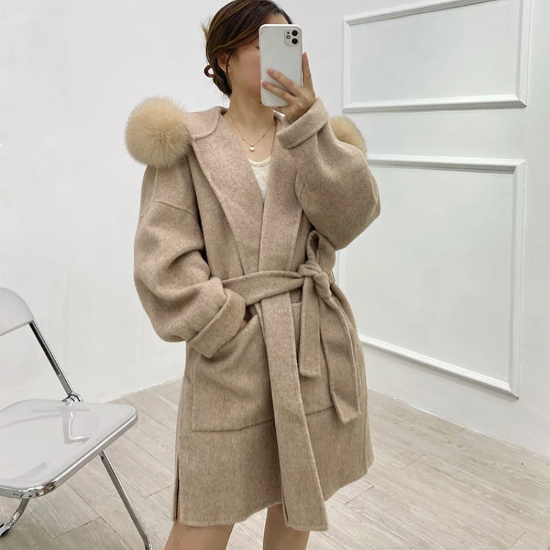 2024 Casual Winter Cashmere Coat Women Real Fur Coat Mid-length Wool Jacket Camel Black Outerwear Fox Fur Collar and Cuffs Belt