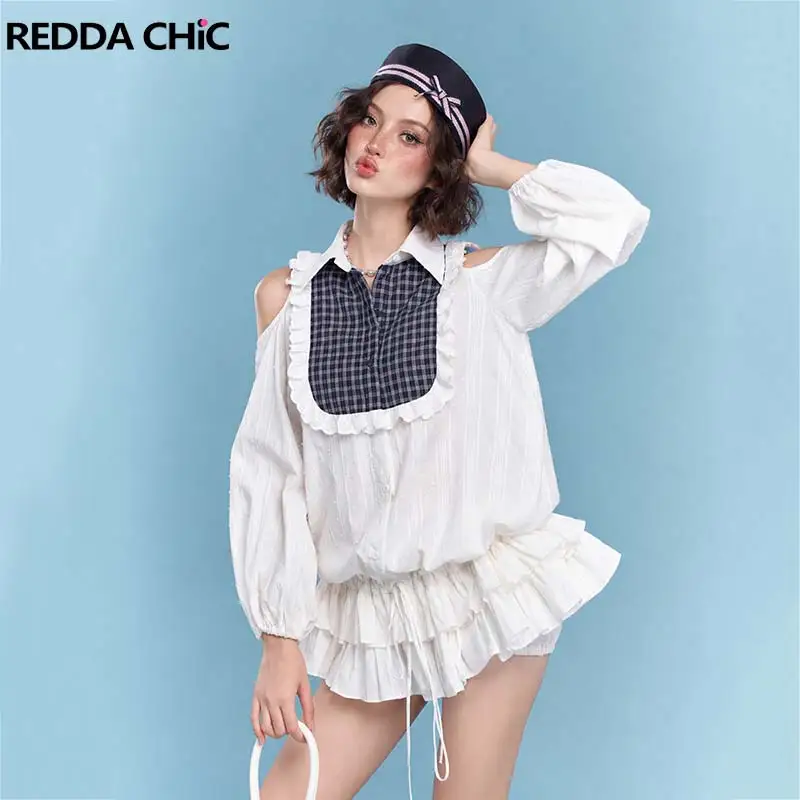 REDDACHiC Cutecore Cold Shoulder Shirt Dress Women Retro Tartan Stitch Frill Trim Lapel Ruffle Mini Cake Dress Coquette Clothes