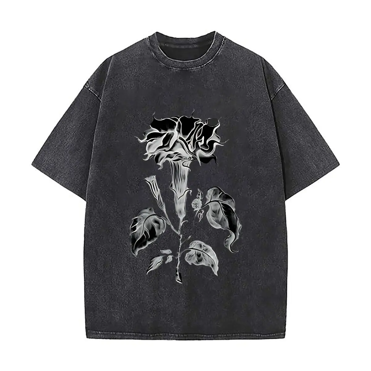 Black White X - Ray Flower Botanical Wall Art Distressed Faded Baggy Streetwear Tops for Park Hangouts