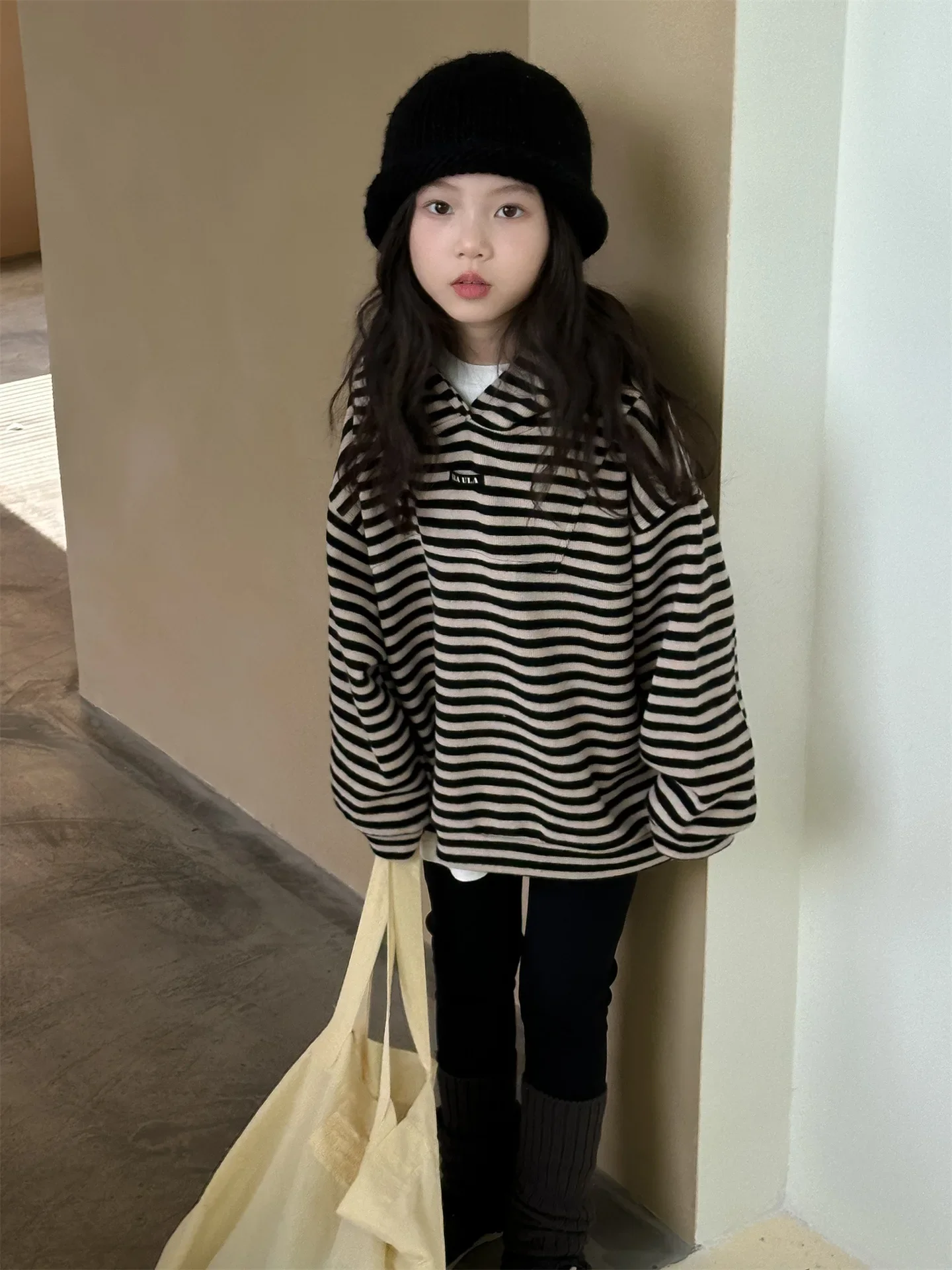 

Pullover Hoodie Korean Childrens Clothing Girls Blouse 2024 Autumn New Product Striped Hooded Top Comfortable and Casual