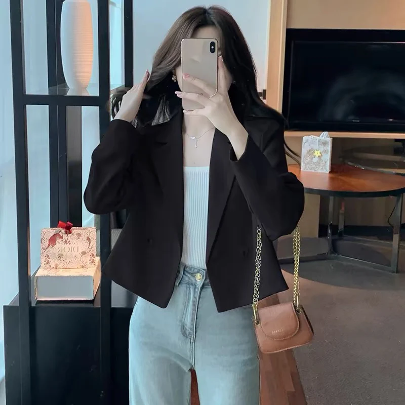 

Black Cropped Blazers Women Spring Autumn Elegant Long Sleeve Single Button Suit Jacket Woman Korean All Match Office Suit Coat