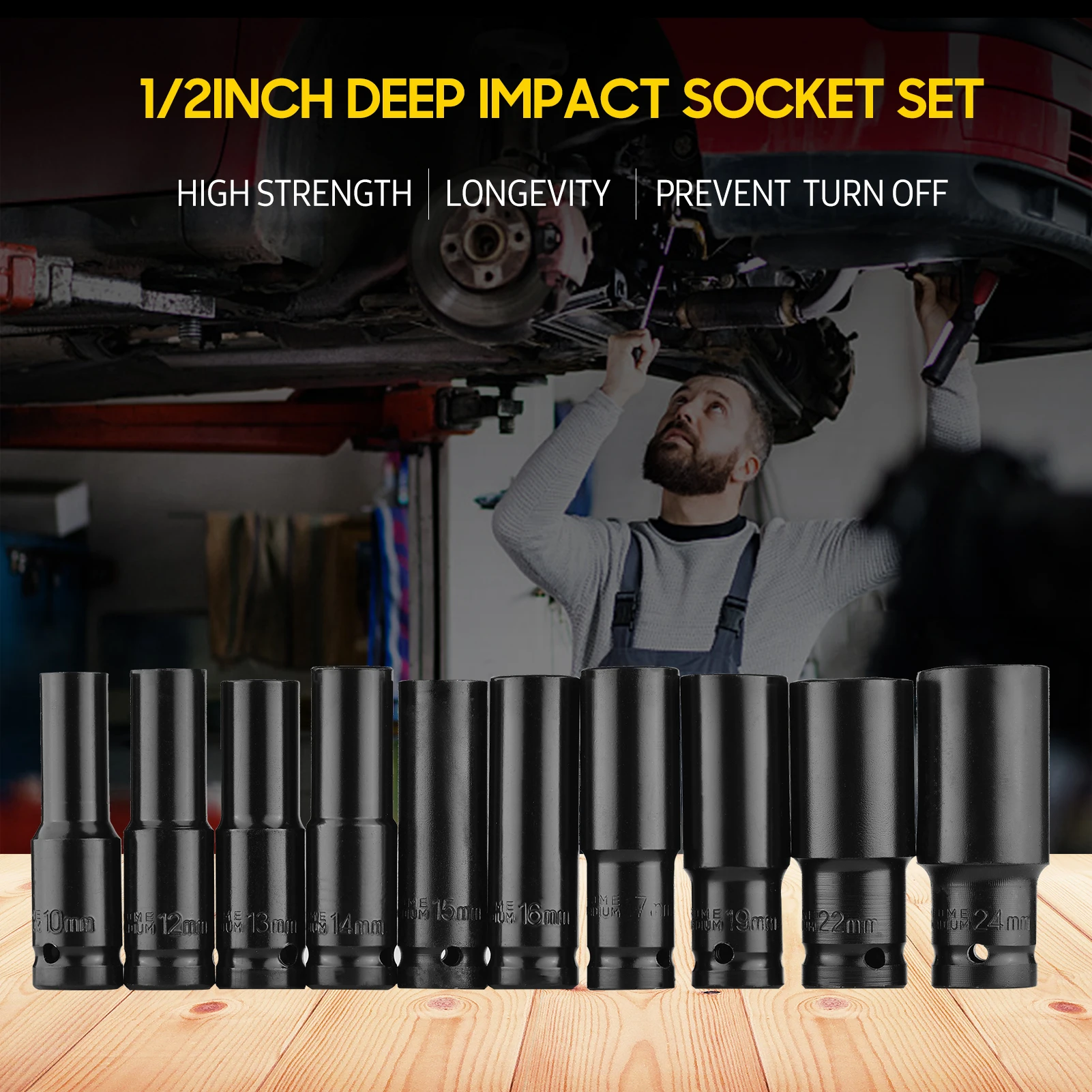 1/2Inch Drive Hex Impact Socket Set 10-Piece Deep Socket Metric Sizes 10-24mm CR-V Material with Hard Storage Box