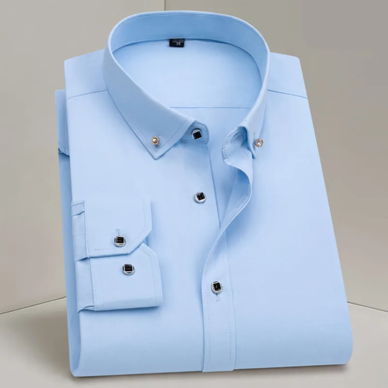 Men's Button-down Shirt Long Sleeve Casual Formal Business Dress Shirts Pocket-less Solid Color Blue White Tops Korean Slim Fit