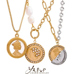 Yhpup Cast Fashion Gold Color Portrait Queen Coin Stainless Steel Chain Pendant Necklace Charm Trend Waterproof Jewelry Women
