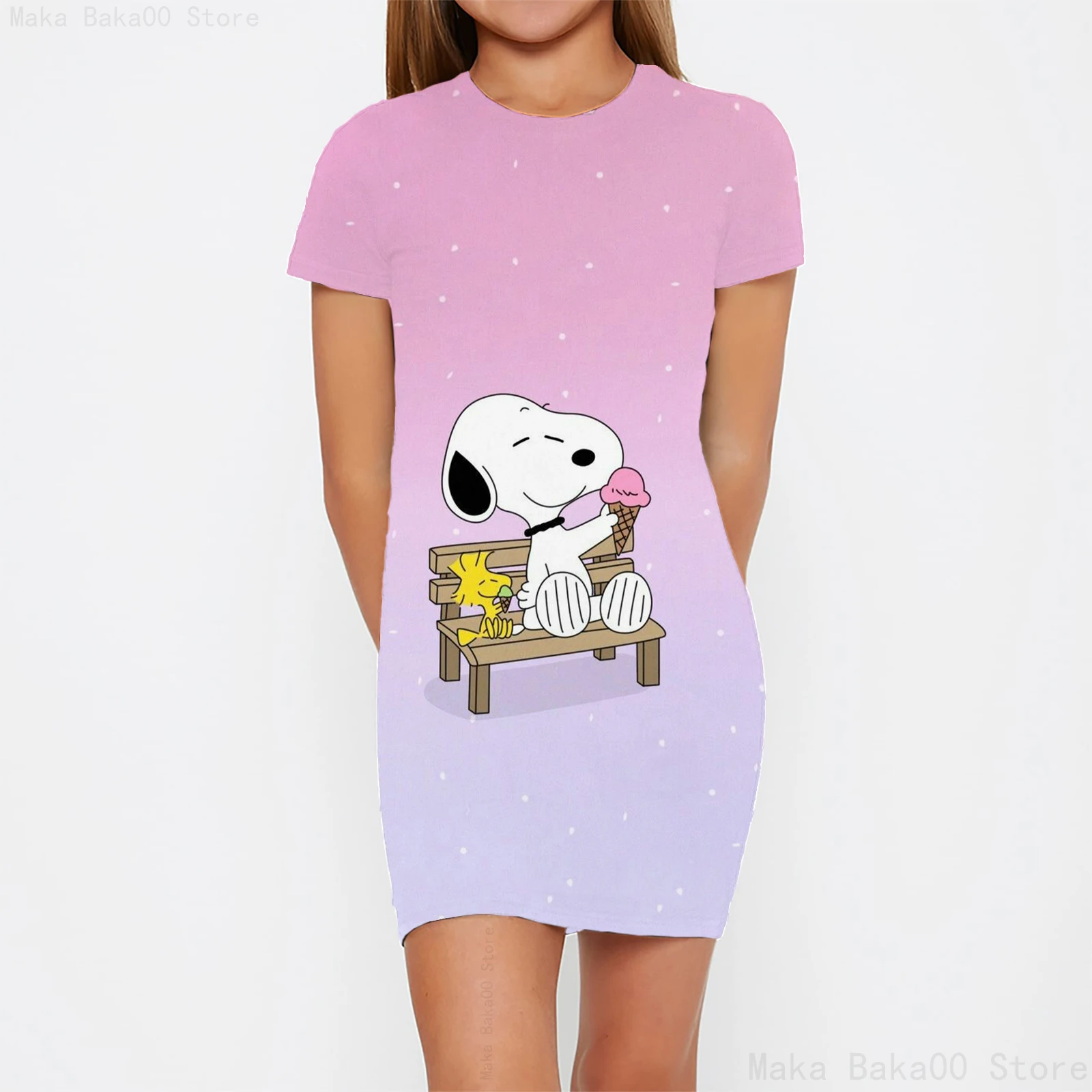 

2024 new round neck tight dress girls Snoopy cartoon print clothing summer fashion sweet teen role play skirt