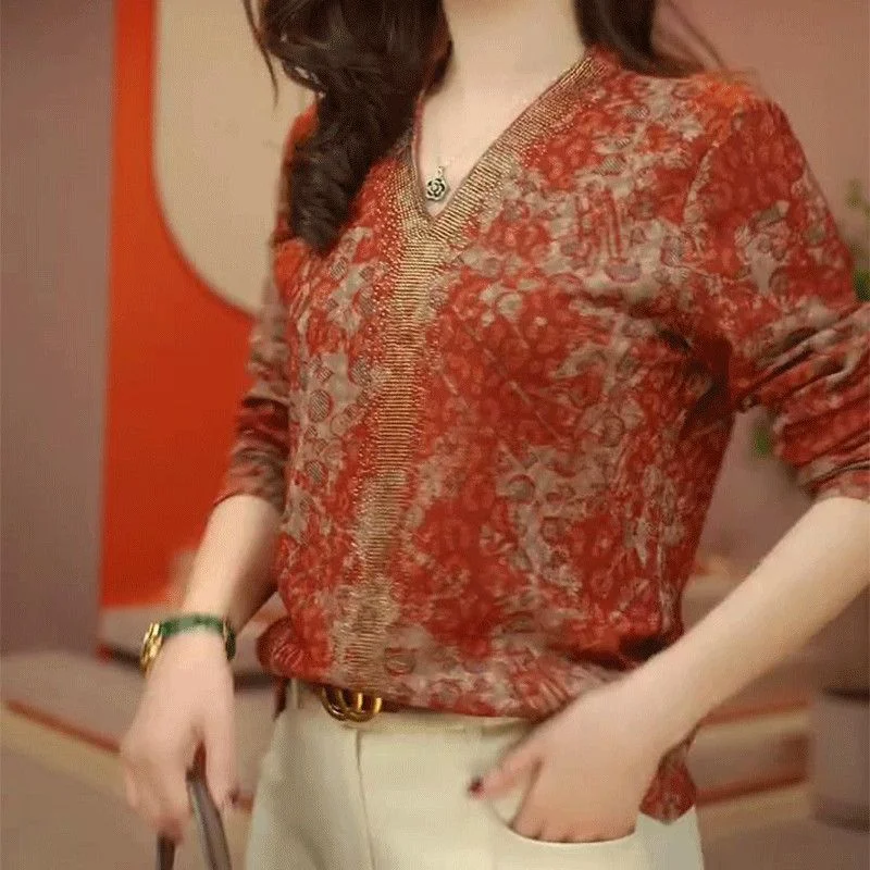 

Новая осенняя повседневная женская футболка с v-образным вырезом и принтом, модная универсальная футболка с длинными рукавами Hot Diamond, топы