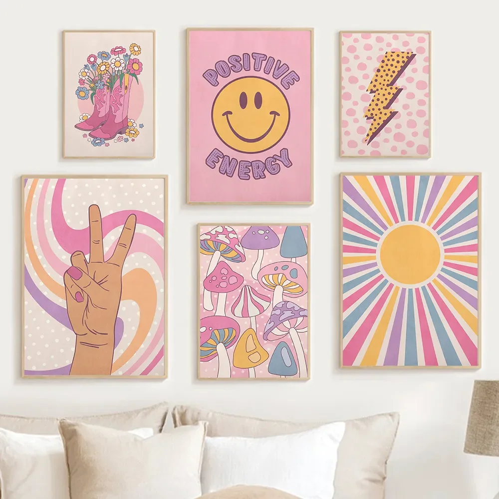 Trendy Cartoon Kids Room Wall Art Canvas Print Set of 6 Retro Cute Poster College Mushroom Dorm Decor Pink Preppy Home Painting