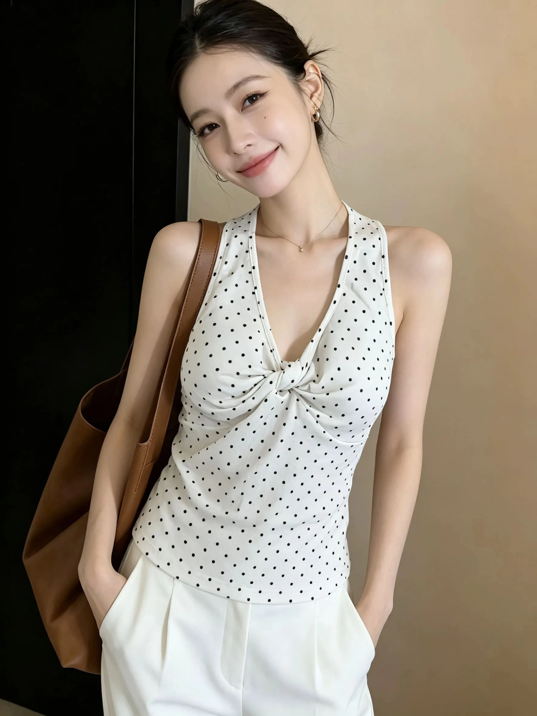 Women Polka Dot Halter Twist Knot V-neck Sleeveless Top Elegant Slim Fit Knitted Vest Summer Casual Style Daily Streetwear
