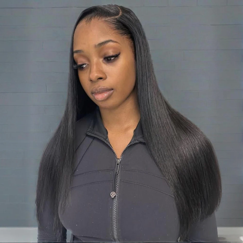 Perruque de cheveux humains droite 360 HD dentelle transparente frontale pré plumée sans colle avec des cheveux de bébé couleur naturelle perruques de cheveux vierges
