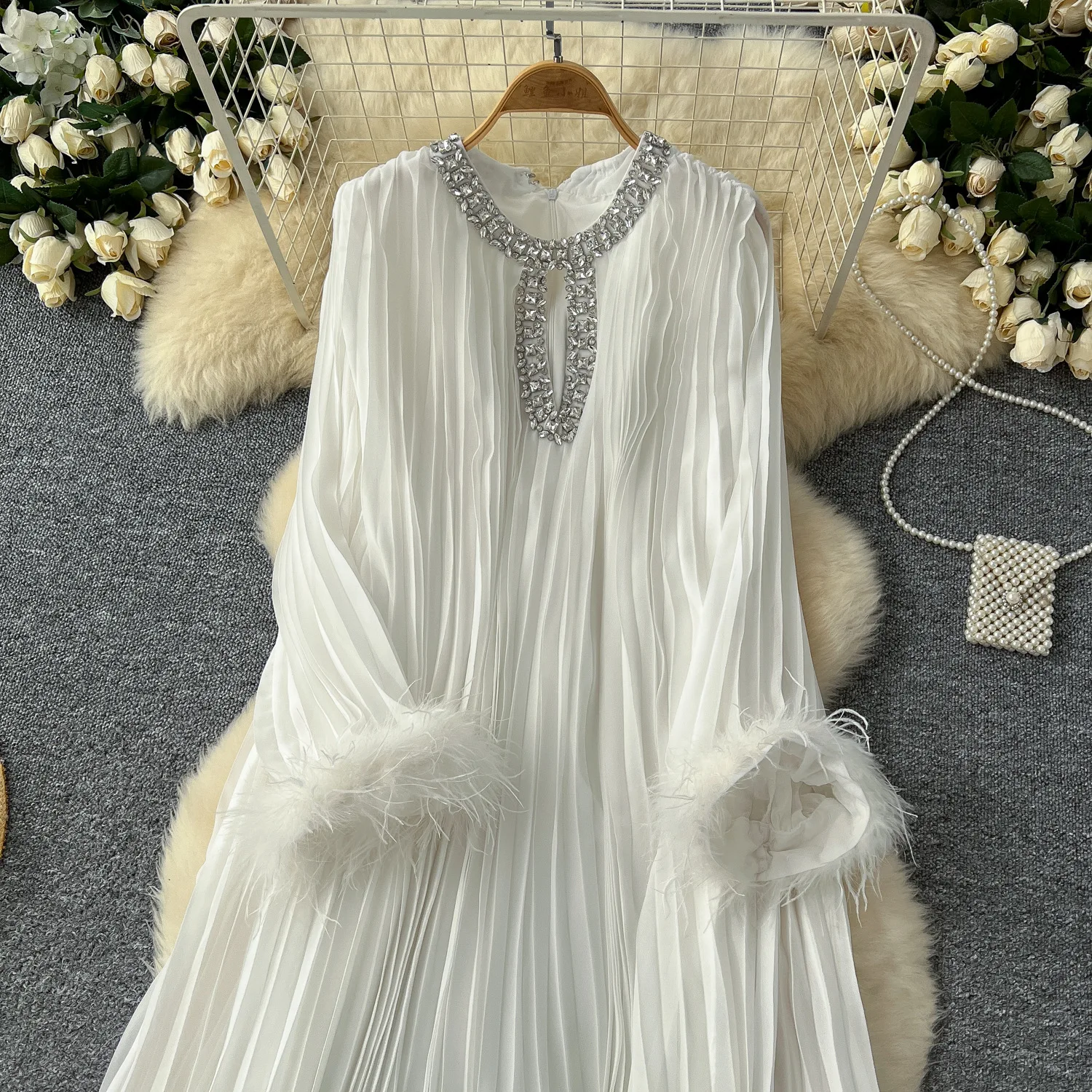Pleated Dress Women White Long Dresses Wedding Diamond Vestidos Feather Full Sleeve Streetwear Elegant Y2k Party Club Fur