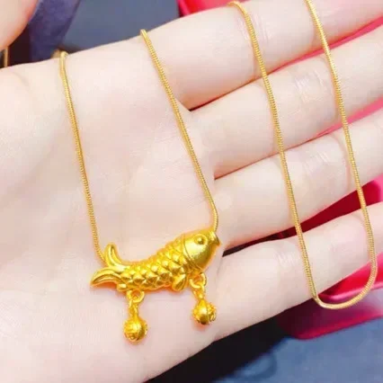 New real gold good luck koi 999 necklace AU750 clavicle chain bell fortune 18k neck necklace carp elbow pendant for women