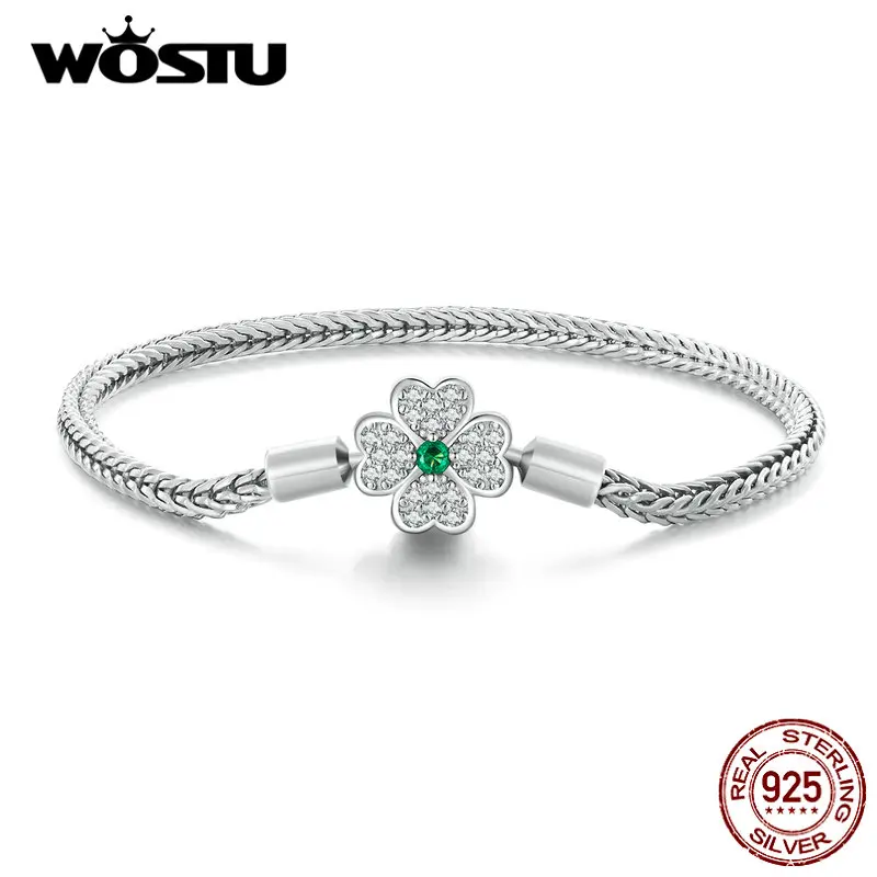 WOSTU 925 Sterling Silver Basic Bracelets Four-Leaf Clover Style Green Zircon Link Snake Chain DIY Bangles Suit to Charm Beads