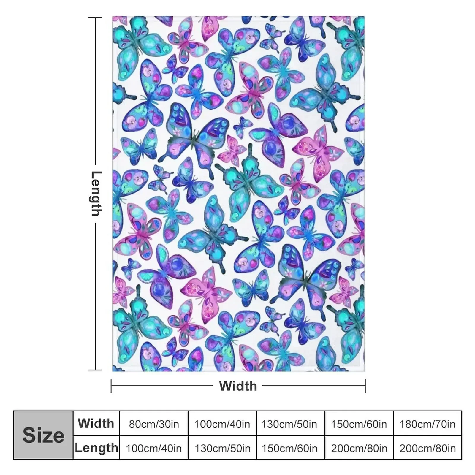 Watercolor Fruit Patterned Butterflies - aqua and sapphire Throw Blanket Large Summer Blankets