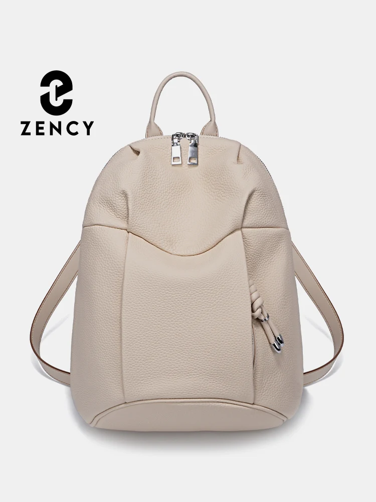 Zency Women\'s Leather Backpack New Luxury Designer Large Capacity Travel Knapsack Girls String Zipper Satchel Khaki Bookbag