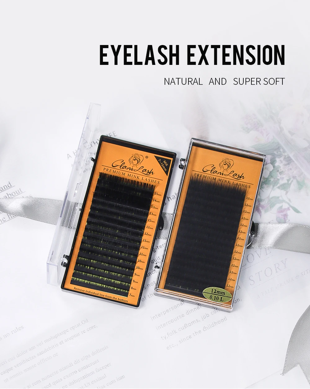 GLAMLASH L/L+/LC/LD/LU(M)/N curl 16Rows False Eyelash Extensions Mink Black Material 7-15mm Mixed Tray L curl Makeup Lashes