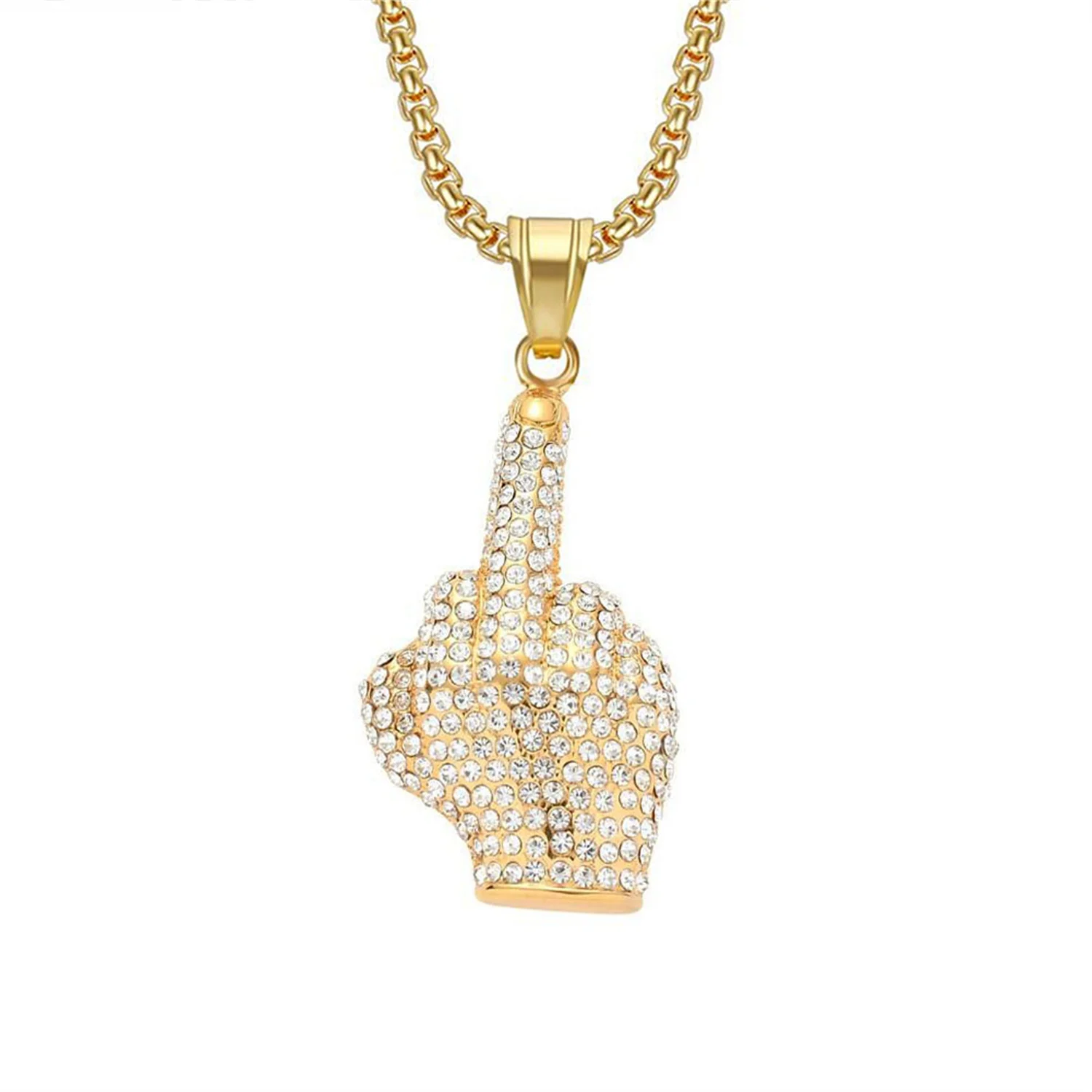 

Hiphop Iced Out Bling Middle Finger Pendant Dropshipping Gold Color Stainless Steel Gesture Necklace for Men Rapper Jewelry Gift