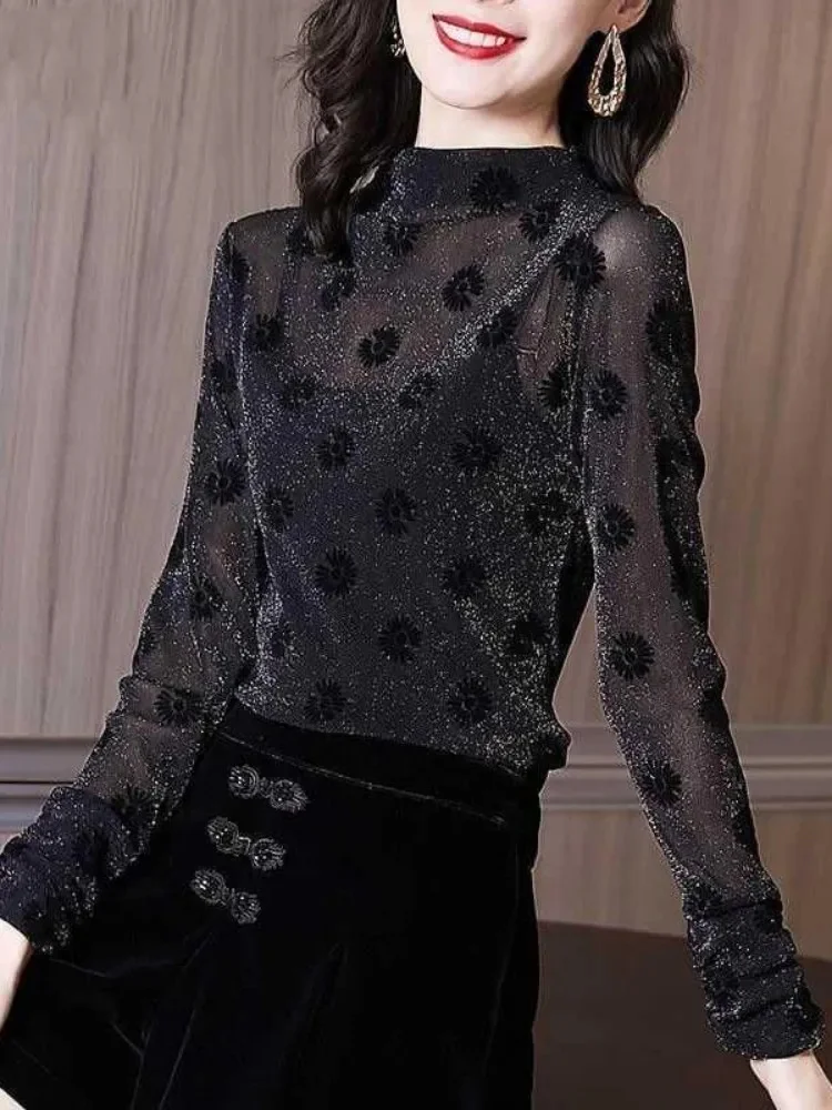 Women Spring Autumn Style Lace Blouses Shirts Lady Casual Slim Long Sleeve Stand Collar Flower printed Blusas Tops