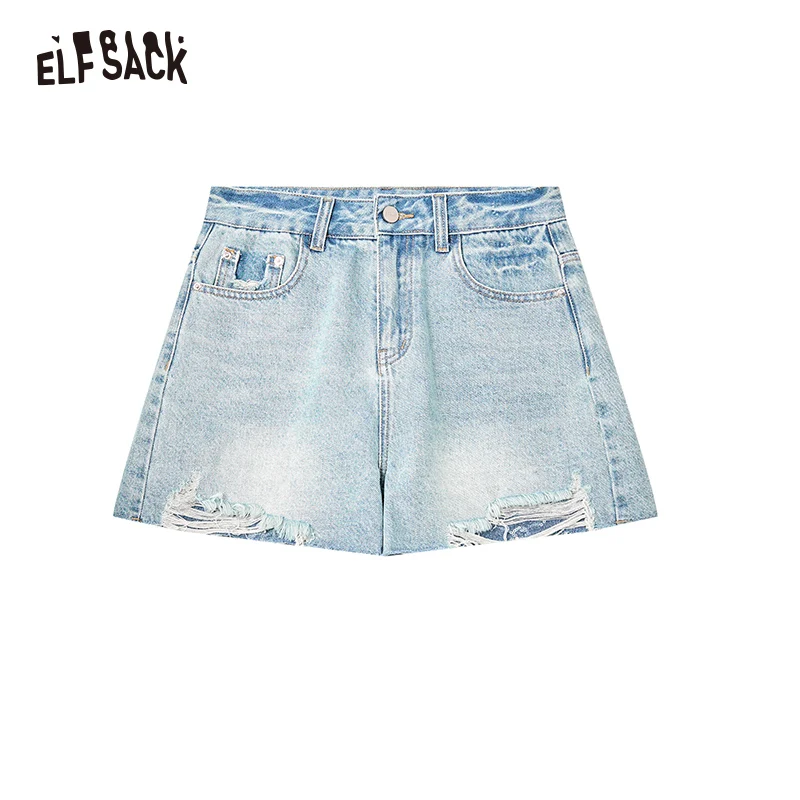 ELFSACK 2025 Summer New Arrivals Hairy Light Colored Denim Casual Shorts For Women