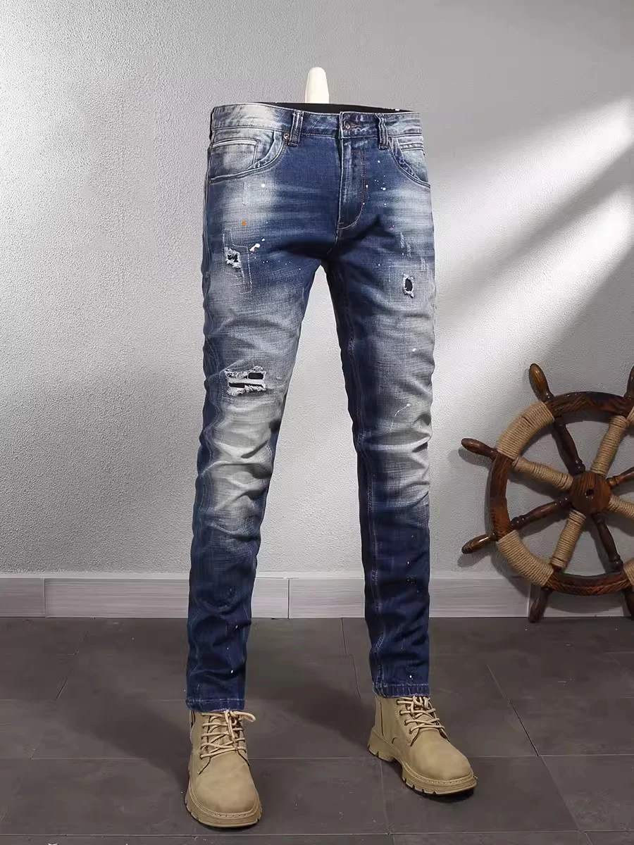 Fashion Designer Men Jeans High Quality Retro Washed Blue Stretch Slim Fit Ripped Jeans Men Vintage Casual Denim Pants Hombre