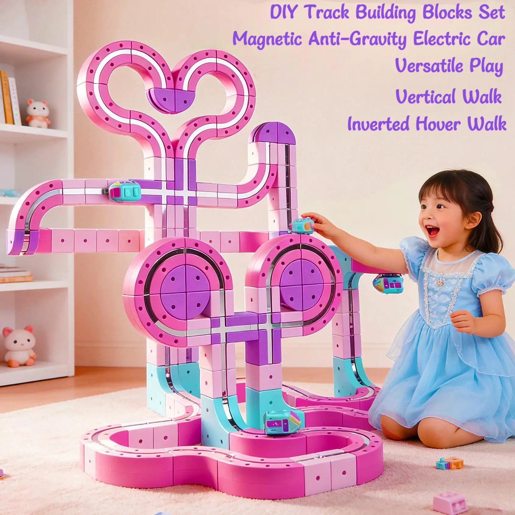 

2026 New Viral Toy DIY Magnetic Track Building Blocks Set Macaron Pink Anti-Gravity Electric Car STEM Educational Toys for Girls