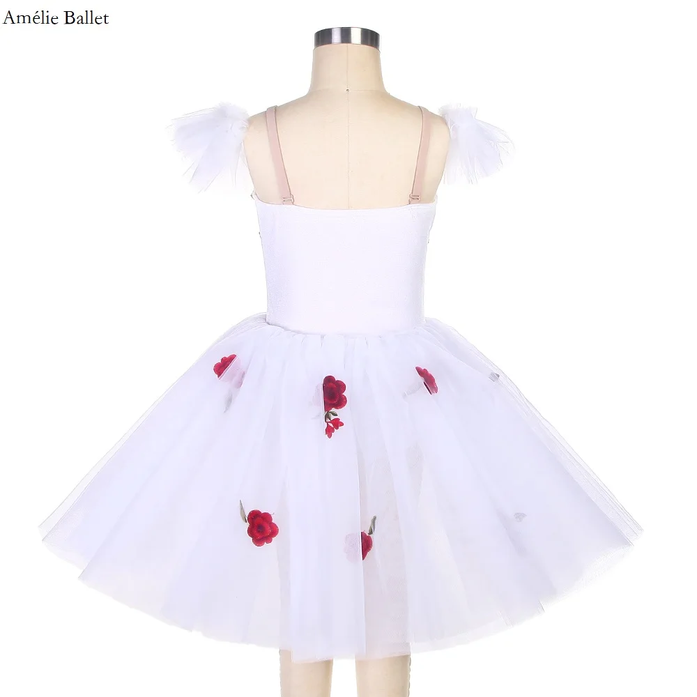 22133 White Camisole Bodice with Red Flower Applique and Gold Sequin Romantic Ballet Dress for Girls & Women Performance Costume