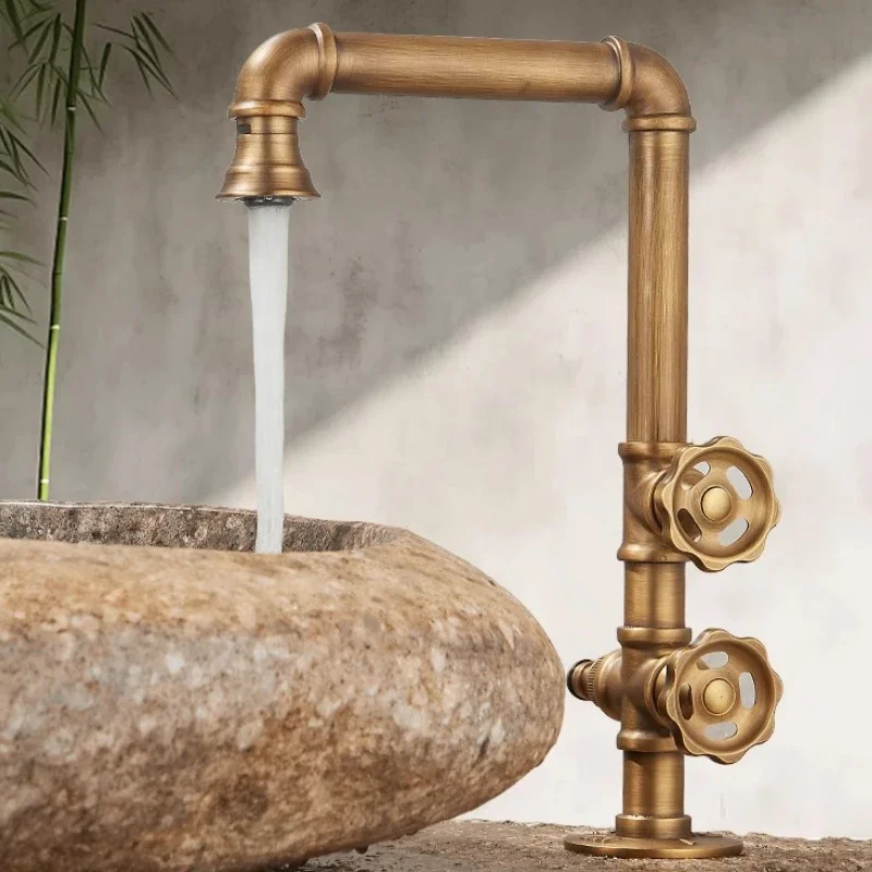Outdoor Antifreeze Faucet Antique Brass Balcony Wash Basin Single Cooling Faucet Vanity 360°Swivel Rotate Spout Only Cold Tap