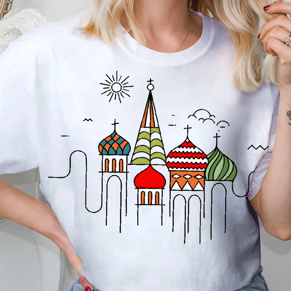 

Y2K Cotton Casual Women‘s T - Shirt Short Sleeve Round Neck Fitted, Minimalist Line - Art Architecture Design Russian Church