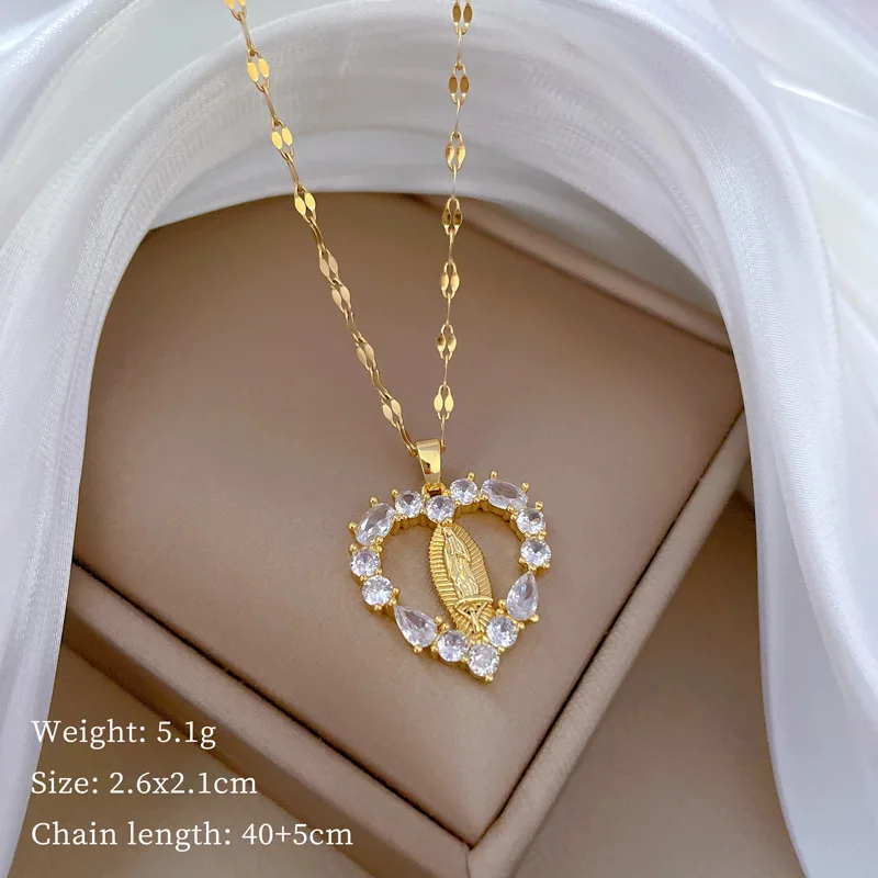Stainless Steel Chain Religious Zircon Heart Virgin Mary Pendant Necklace for Women Lady Classic Jewelry Accessories Gifts