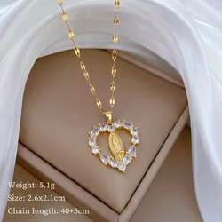 Stainless Steel Chain Religious Zircon Heart Virgin Mary Pendant Necklace for Women Lady Classic Jewelry Accessories Gifts