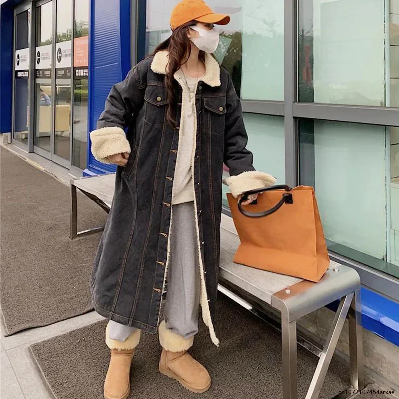 Korean Fashion Lambwool Long Jeans Jackets Womens Fall Winter Denim Coats Casual Plush Velvet Lined Vaqueras Jaqueta Oversized