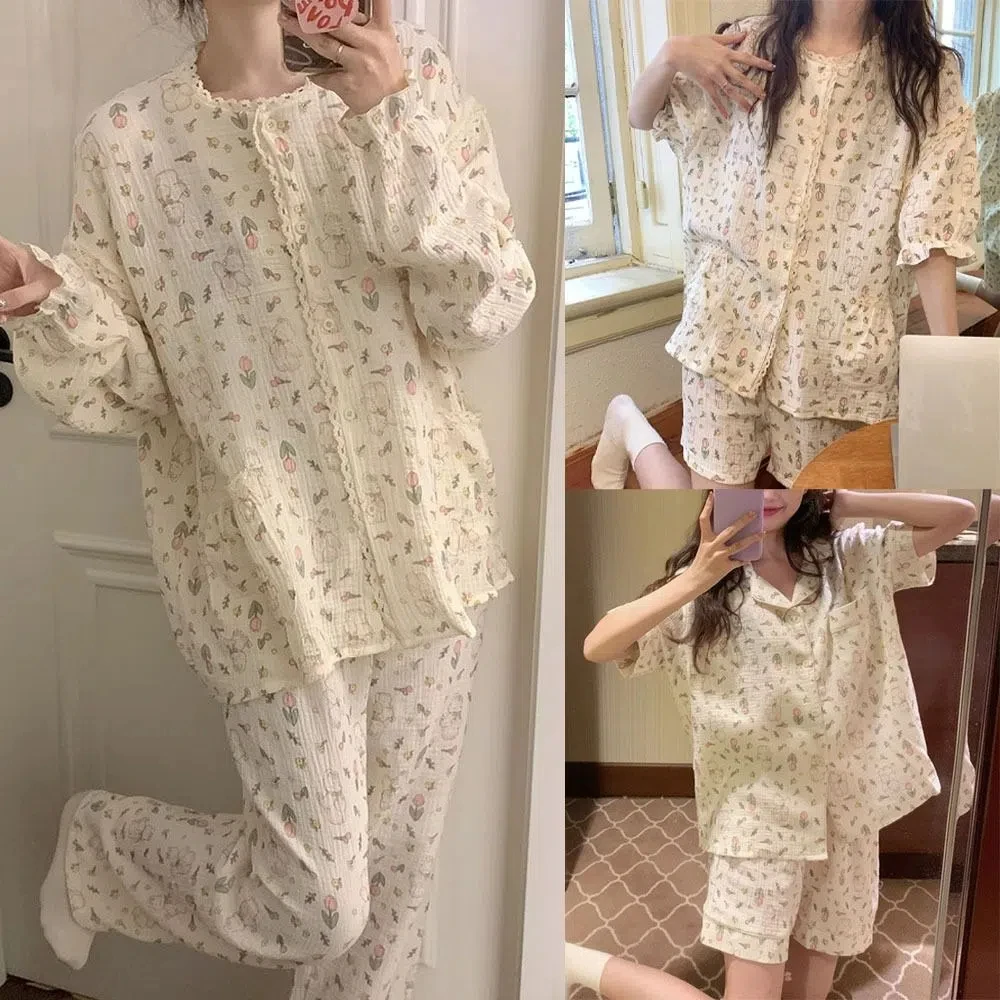 

Милый пижамный комплект из искусственного хлопка с цветочным принтом, милая одежда из двух предметов с длинными рукавами, домашняя одежда с героями мультфильмов, кружевная ночная рубашка, домашний костюм