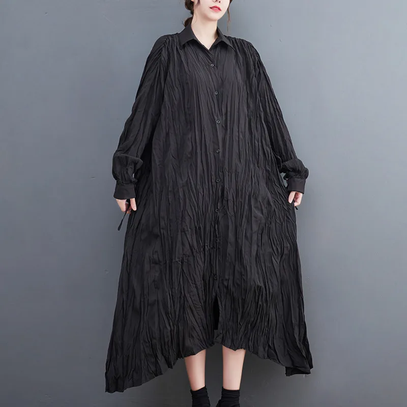 #4031 Black White Folds Irregular Long Shirt Dress Women Loose Thin Vintage Front Button Shirt Dress Long Sleeve Spring Autumn