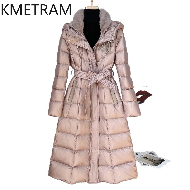 KMETRAM White Goose Down Puffer Jacket Woman Long Pink Down Coats Hooded Mink Fur Collar Outerwears Winter Clothes 2025 пальто