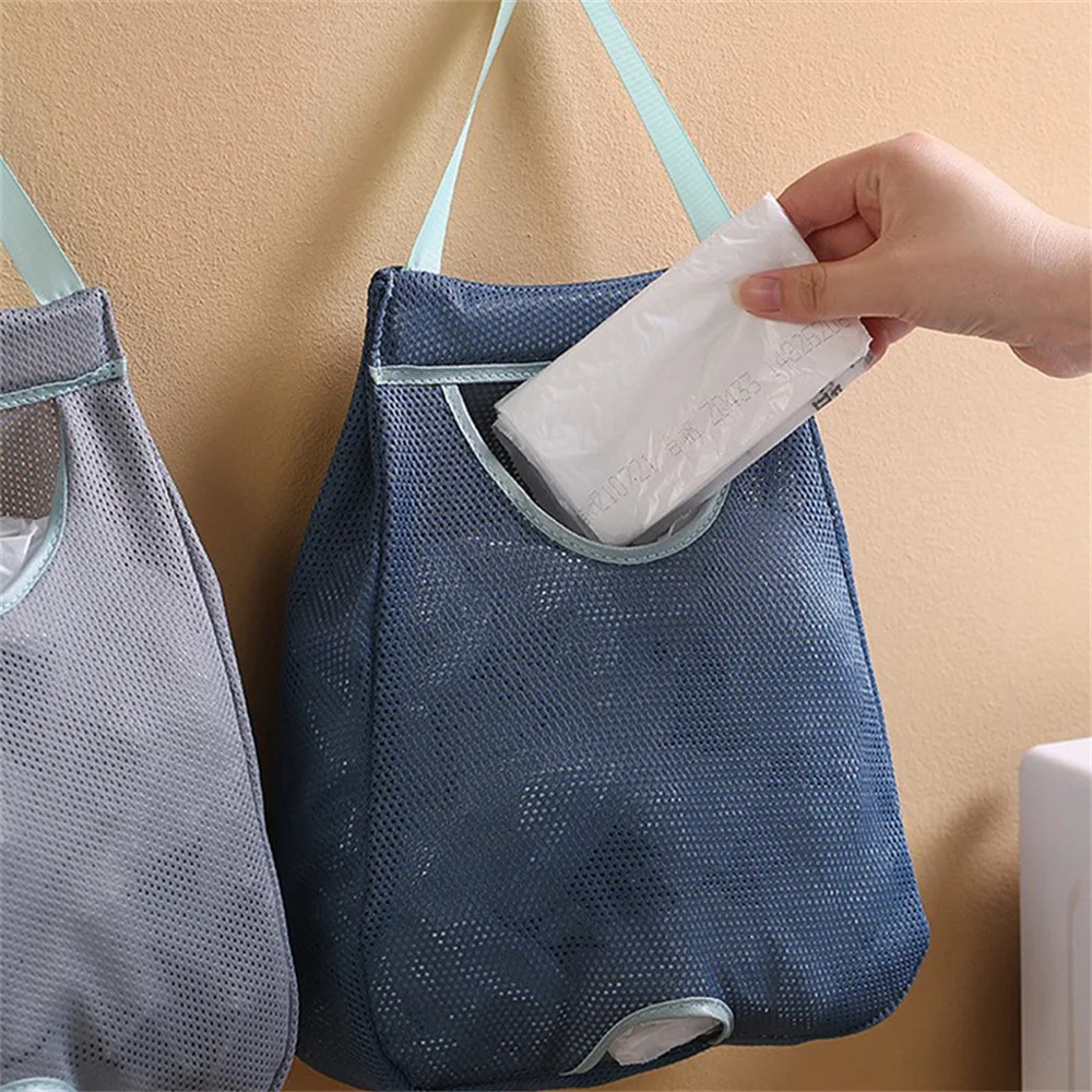 Kitchen Storage Bag Reticulated U-shaped Opening Polyester Blue Storage Utensils Storage Wall-mounted Bag Wall-mounted Washable