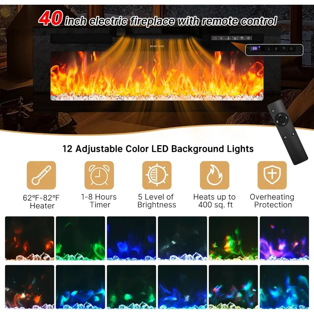 Soporte para TV con chimenea para 95 TV, soporte para TV de 83 LED con 40 chimenea eléctrica y toma de corriente, superficie de alto brillo, 2 gabinetes de almacenamiento,