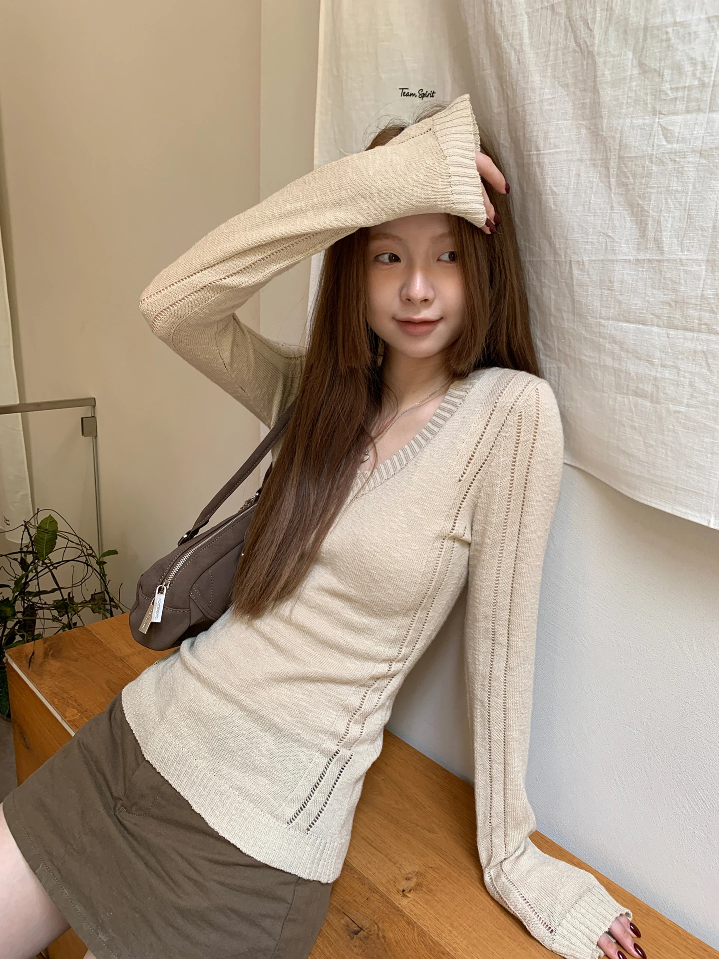 Slim Fit V-Ne Knitwear Women's Early Autumn Korean Sle Top Lazy Casual Long Sve Cotton Blend Comfortable Sweater