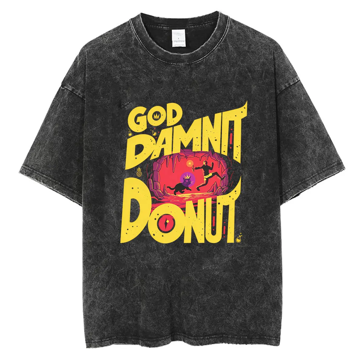 Hot Game Dungeon Crawler Carl Vintage Washed T Shirt God Damnit Donut Cat Tops Clothing Short Sleeve T-shirts Men Women  T-shirt