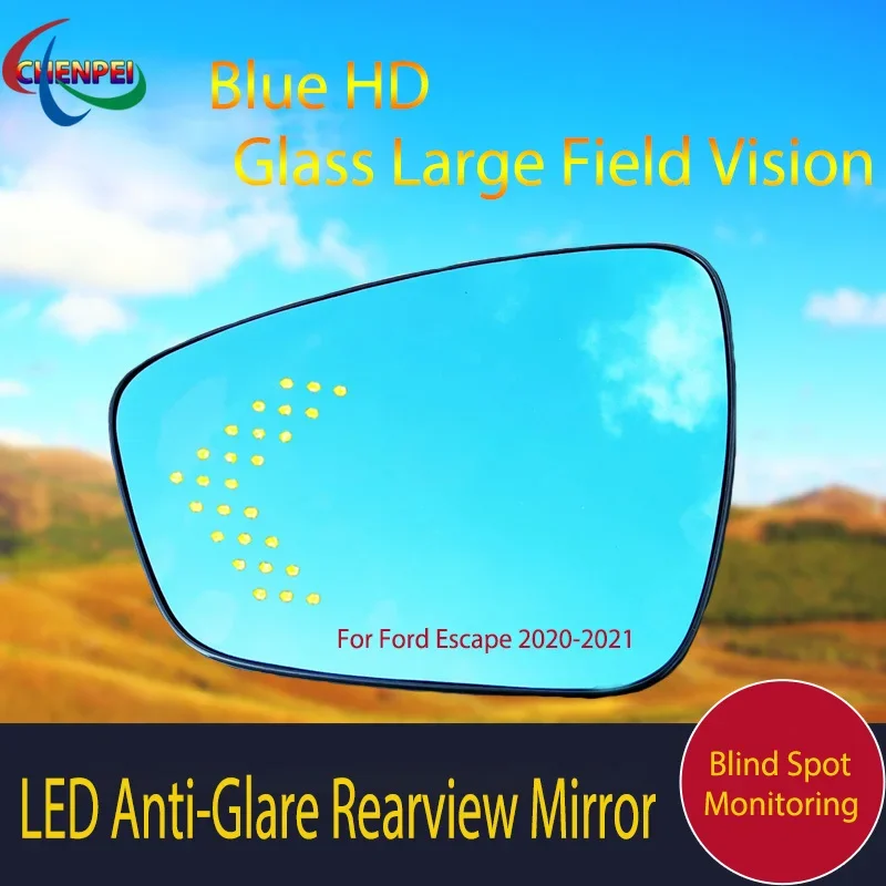 

Large View Blue Mirror Anti-Glare Electrically Heated Rearview Mirror With LED Turn Indicator For Ford Escape 2020-2021